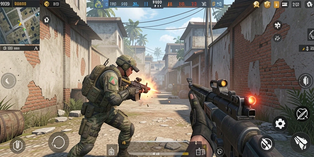 Screenshot utama gameplay 9939 menampilkan pertempuran mendebarkan dalam mode FPS.