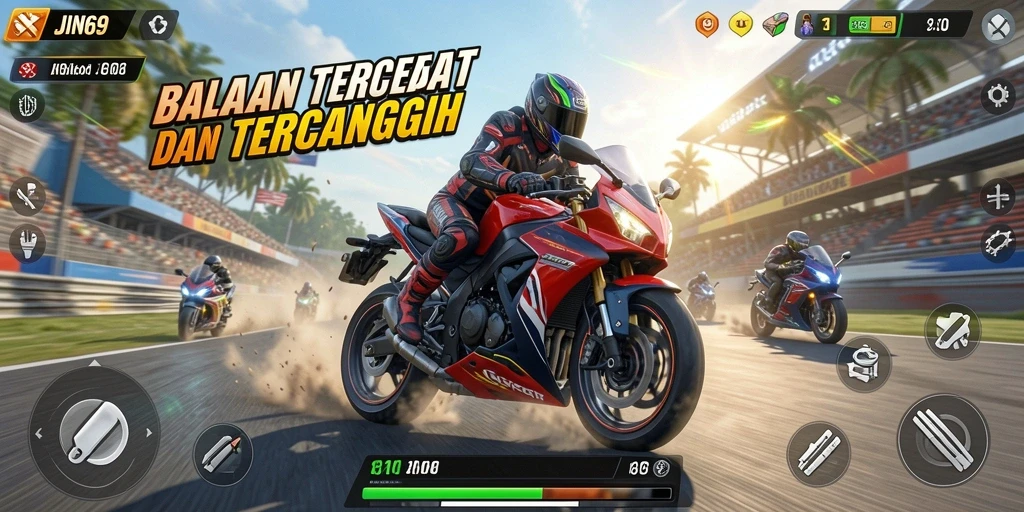 Tampilan gameplay mendebarkan dari JIN69 yang menunjukkan balapan motor di lintasan menantang.