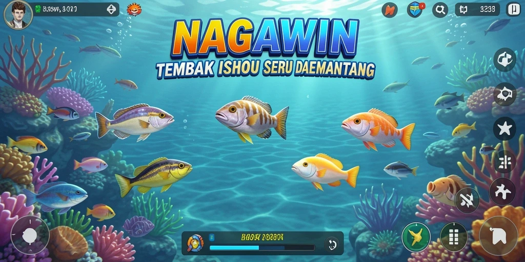 Tangkapan layar utama NAGAWIN menunjukkan aksi seru saat menembak ikan.