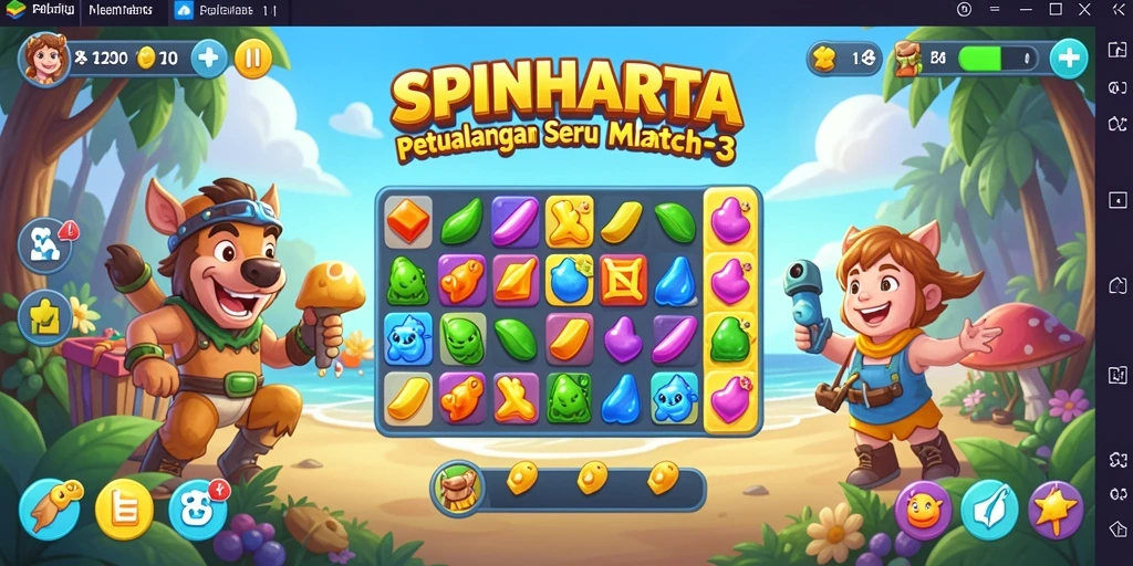 Tampilan gameplay SPINHARTA dengan visual warna-warni dan tantangan Match-3.